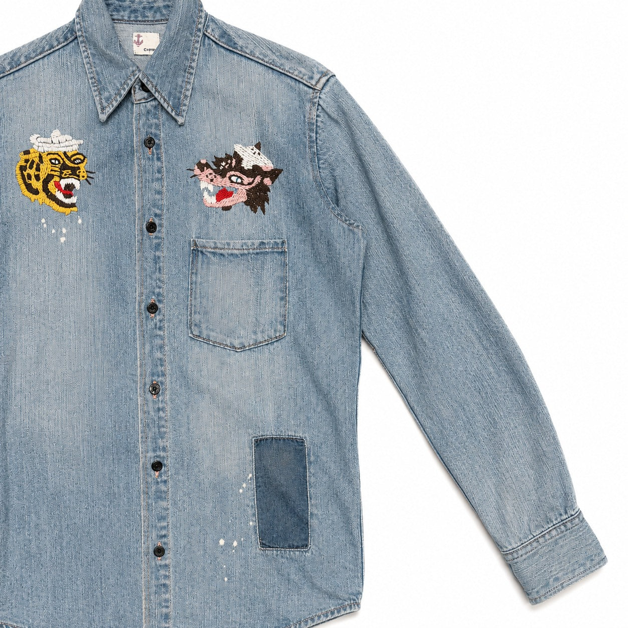 Light Wash Tiger and Wolf Embroidered Denim Shirt - view 2