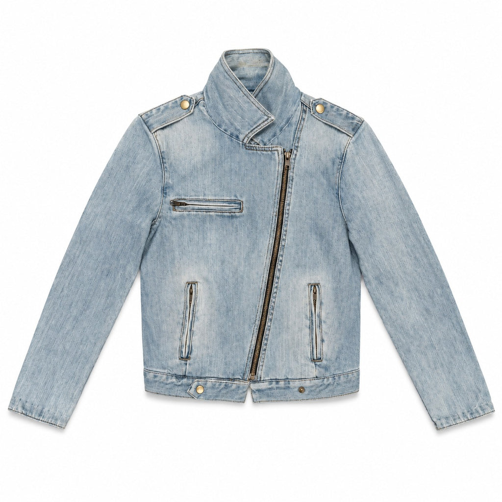 Light Wash Asymmetric Zip Denim Biker Jacket - view 2