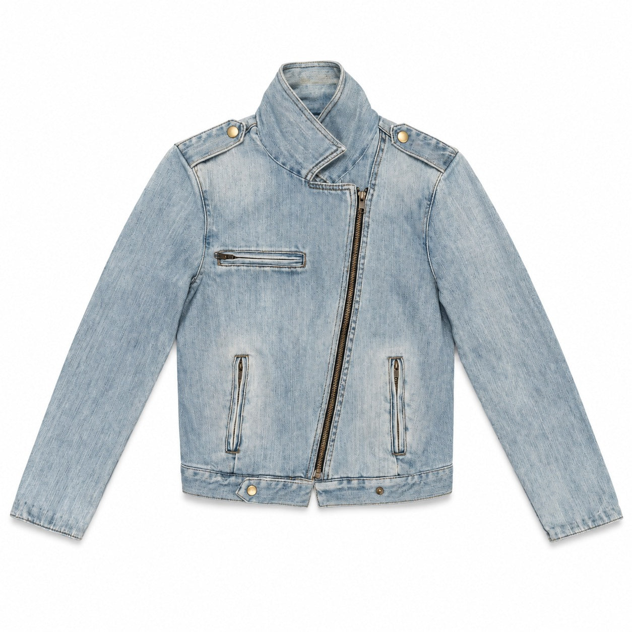 Light Wash Asymmetric Zip Denim Biker Jacket - view 2