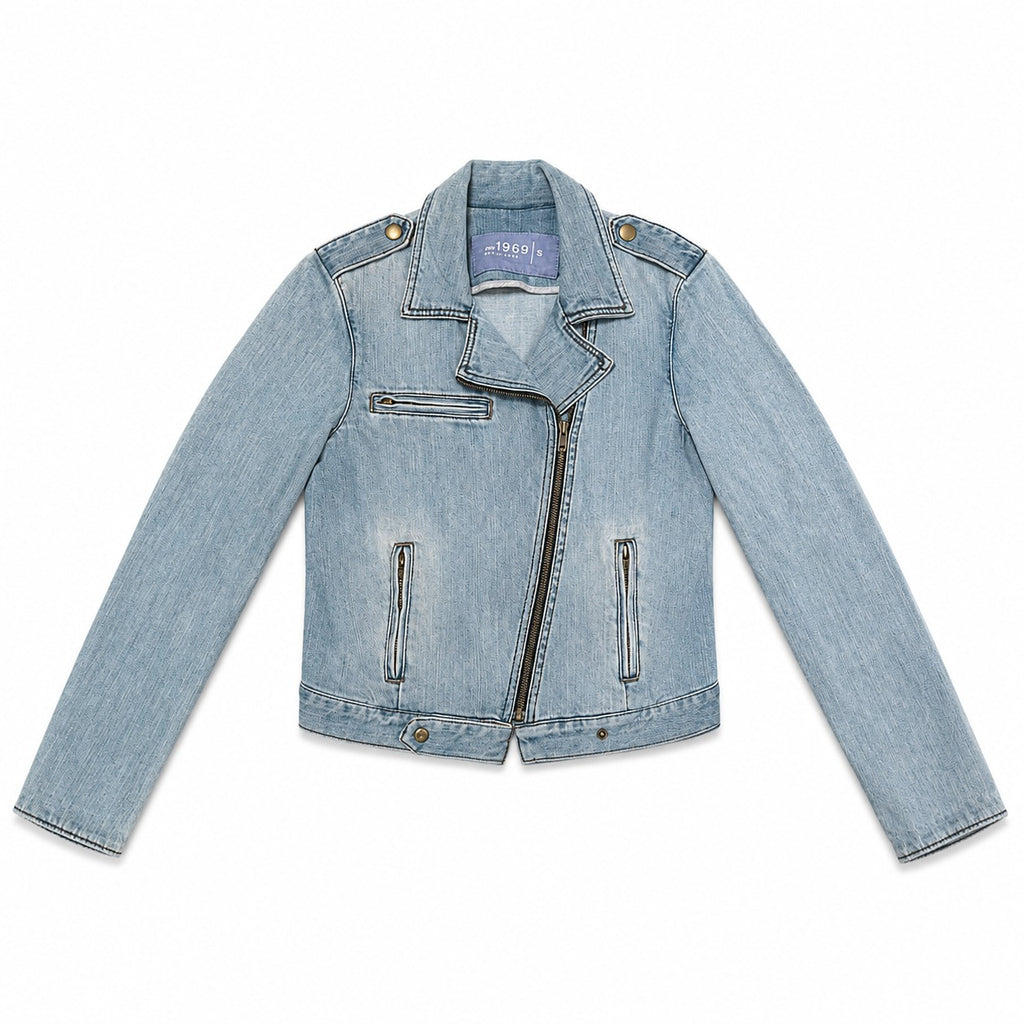 Light Wash Asymmetric Zip Denim Biker Jacket - view 3