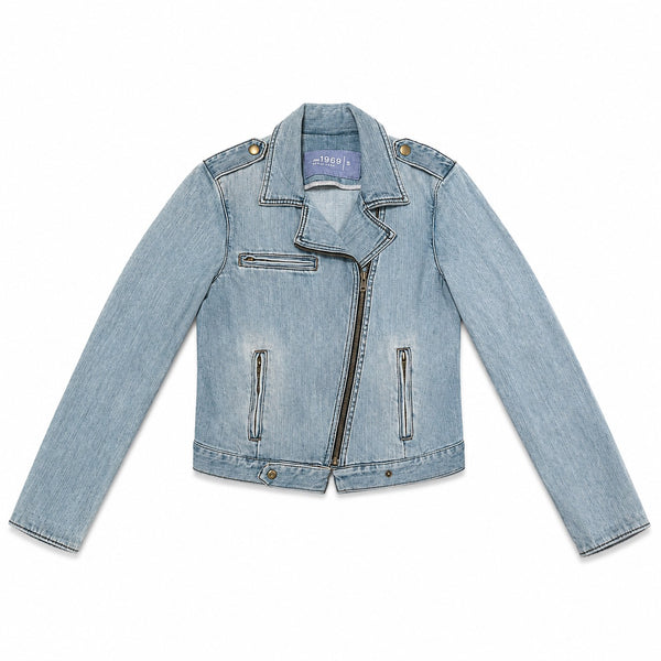 Light Wash Asymmetric Zip Denim Biker Jacket - view 3