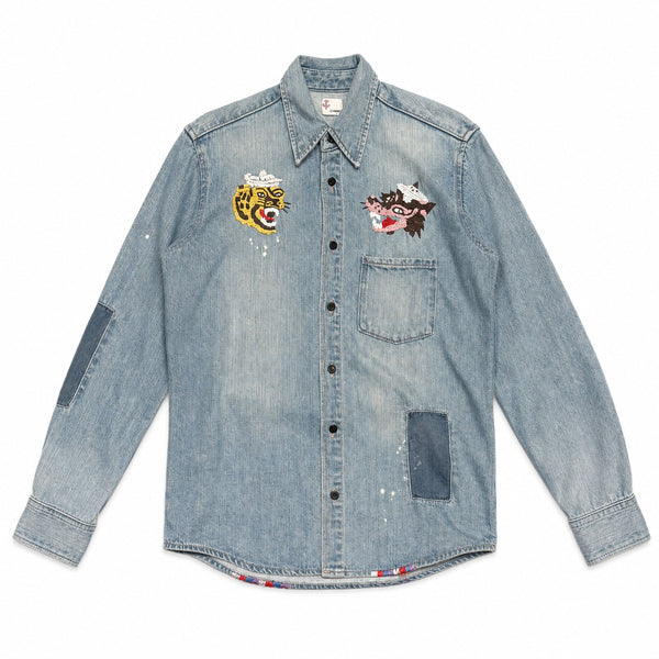 Light Wash Tiger and Wolf Embroidered Denim Shirt - view 4
