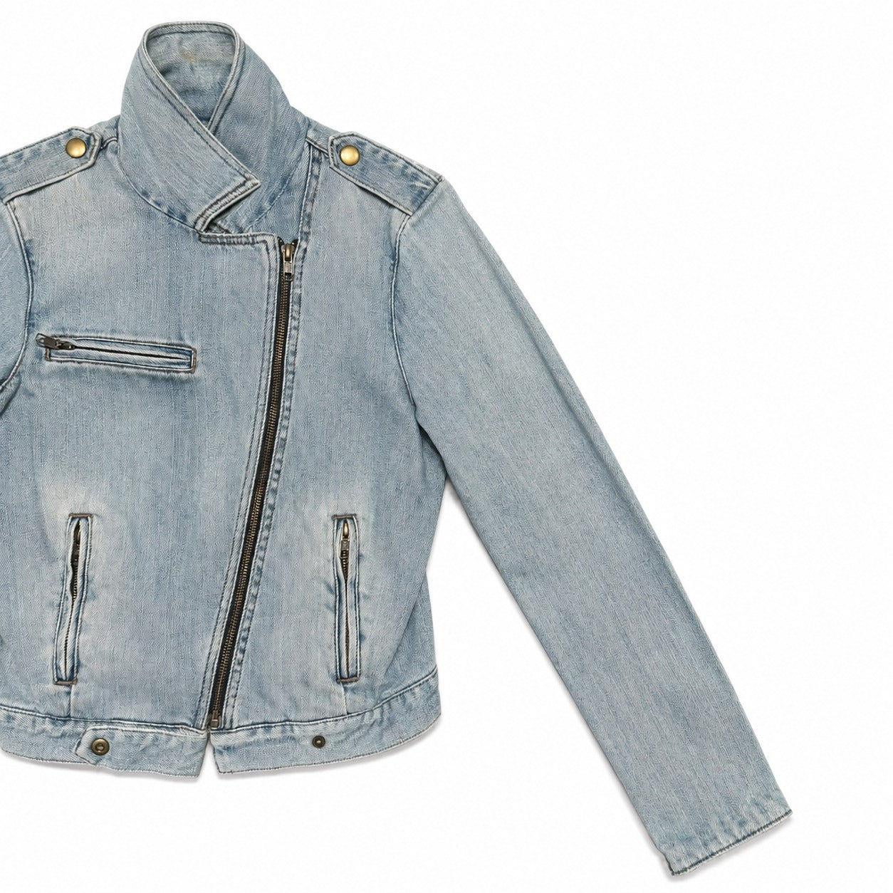 Light Wash Asymmetric Zip Denim Biker Jacket - view 4