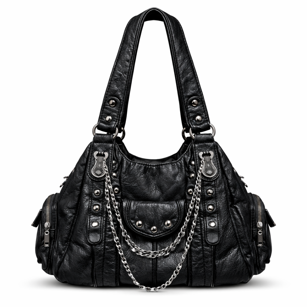 Heavy Zip Detail Leather Shoulder Bag
