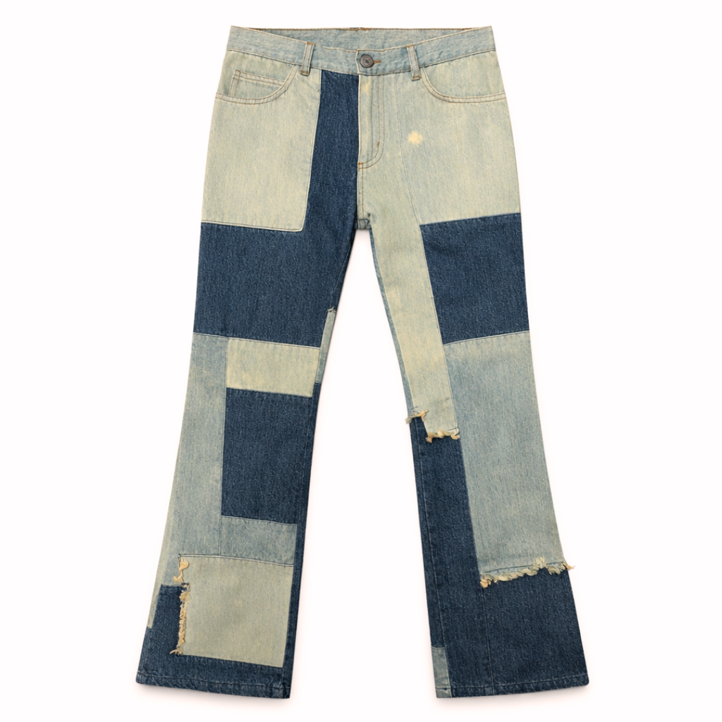 KAPITAL HIPSITE PATCHWORK DISTRESSED FLARE DENIM