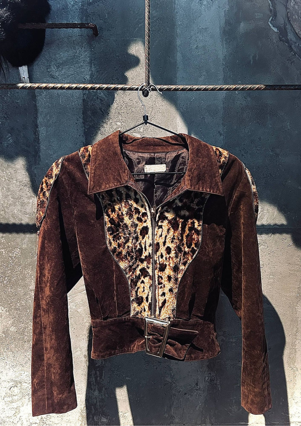90s Japanese Gyaru Suede Leopard Panel Cropped Biker Jacket