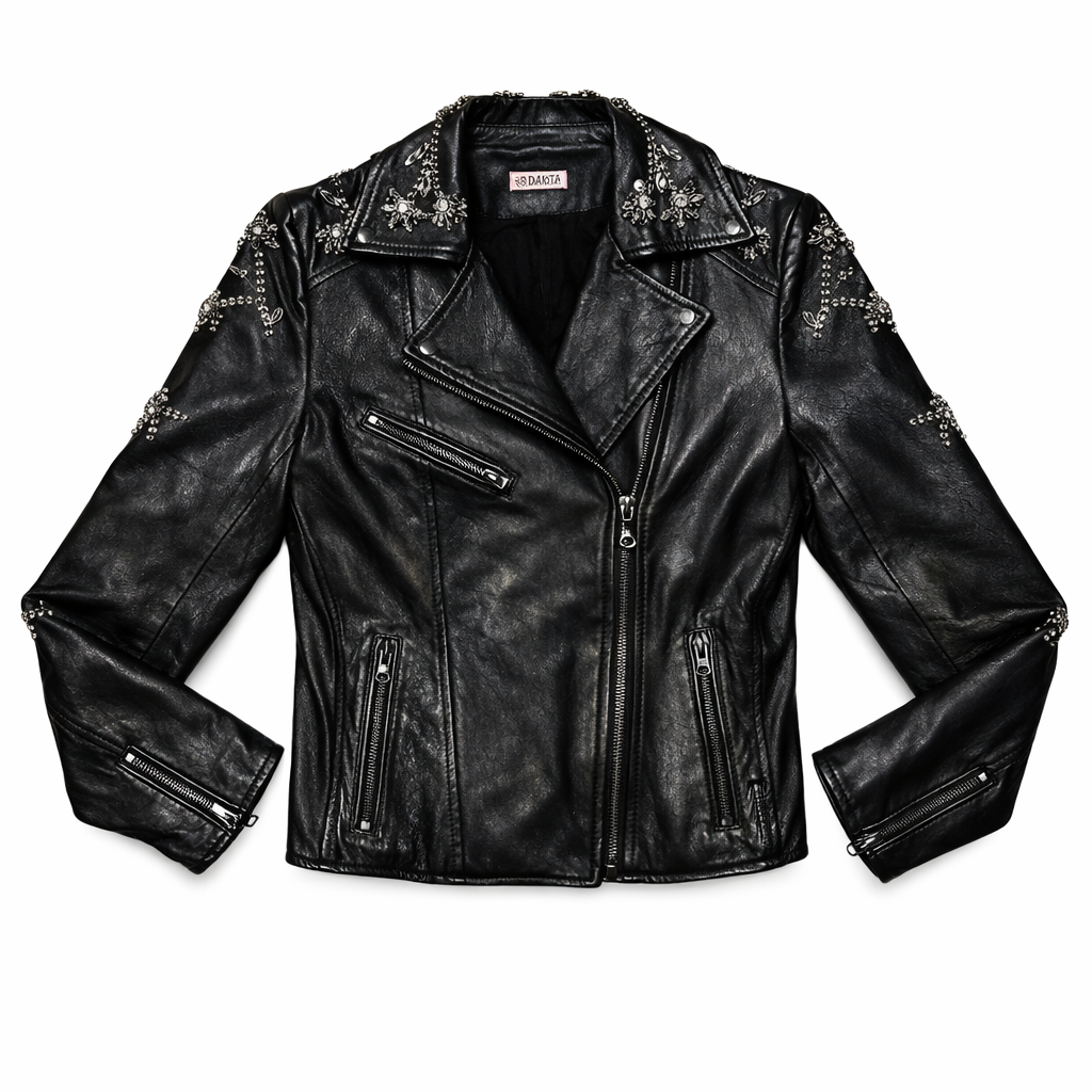 WeMode Vintage Rhinestone Leather Jacket Turkish Cowhide Leather