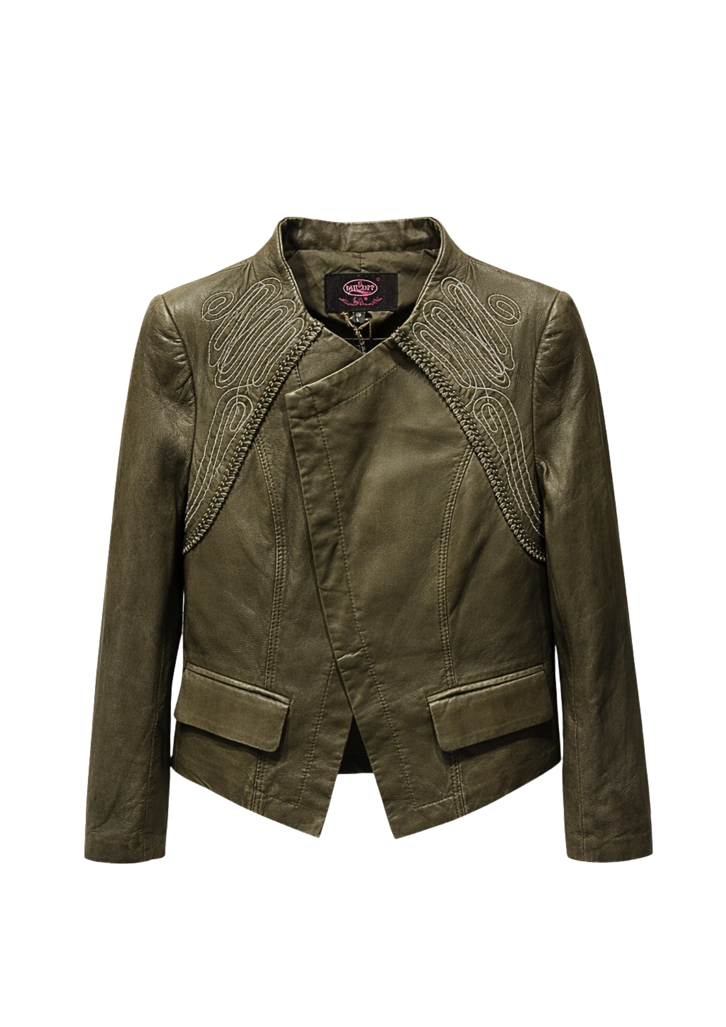 PATSOFT Olive Embroidered Cropped Leather Jacket