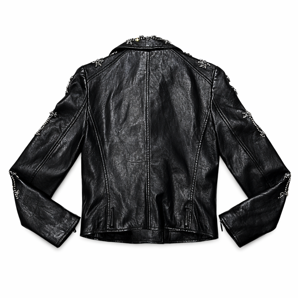 WeMode Vintage Rhinestone Leather Jacket Turkish Cowhide Leather