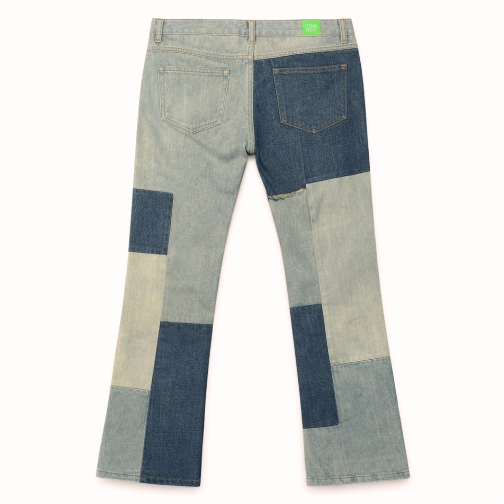 KAPITAL HIPSITE PATCHWORK DISTRESSED FLARE DENIM