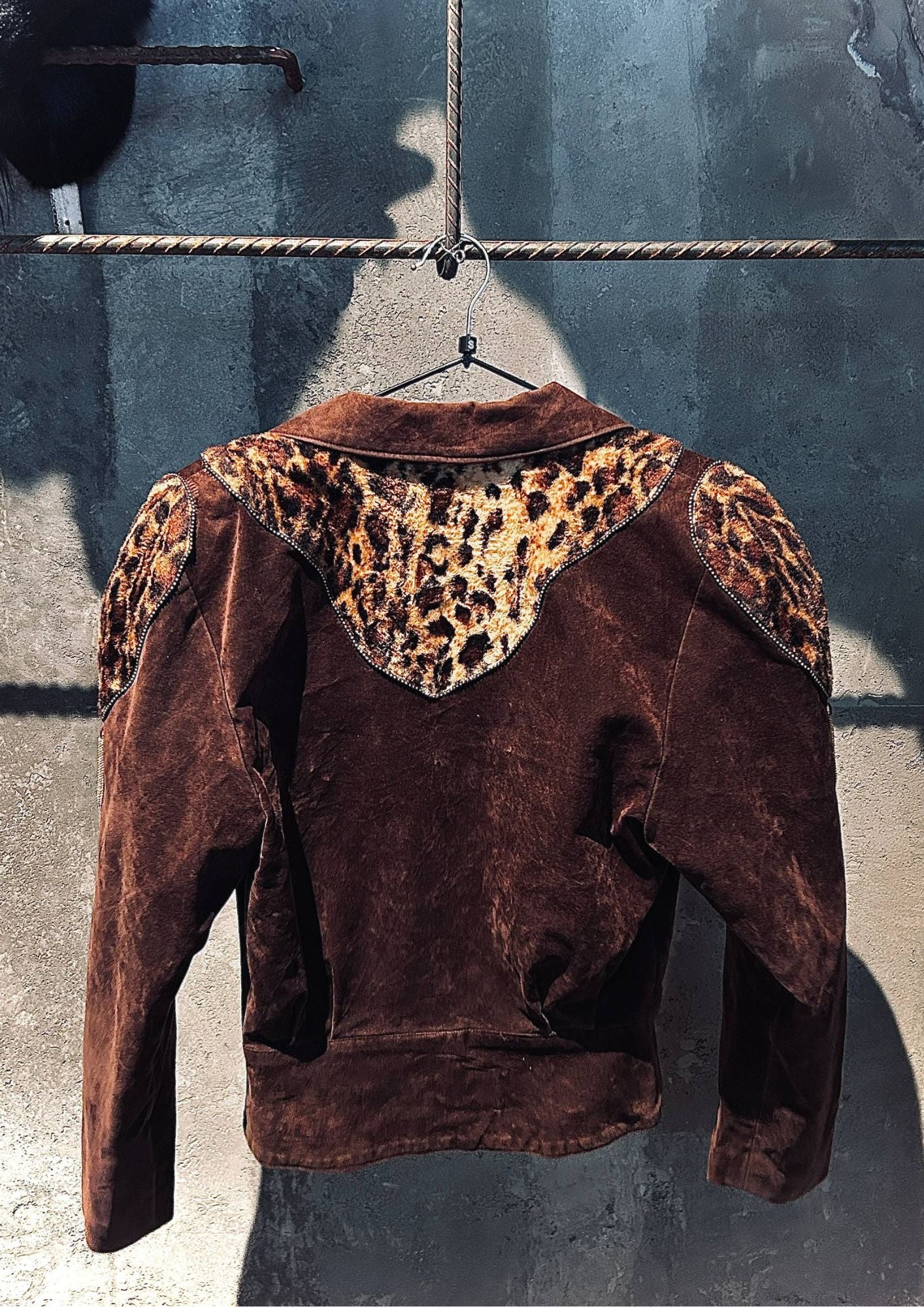 90s Japanese Gyaru Suede Leopard Panel Cropped Biker Jacket