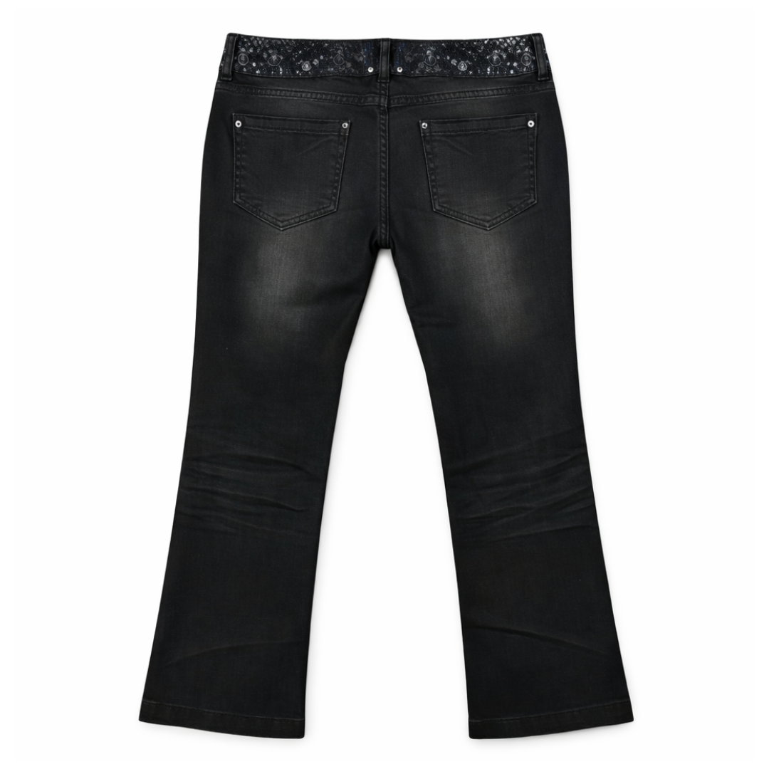 Stacked shank button denim with Glossy Leather Panel Set
