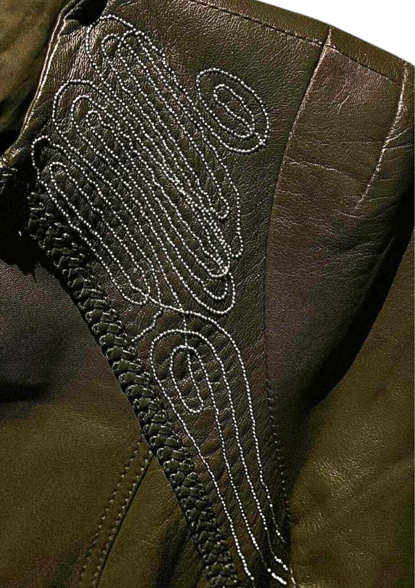 PATSOFT Olive Embroidered Cropped Leather Jacket