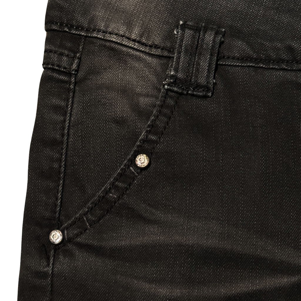 Stacked shank button denim with Glossy Leather Panel Set