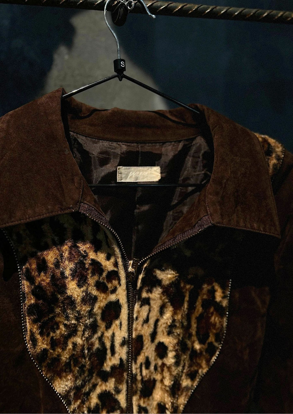 90s Japanese Gyaru Suede Leopard Panel Cropped Biker Jacket