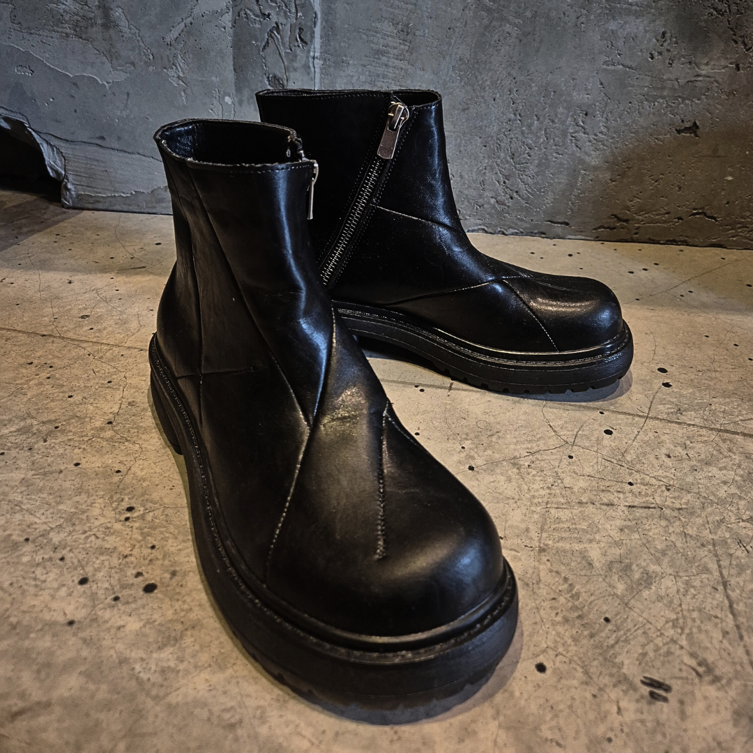 Cowhide Leather Panel Zipper Boots