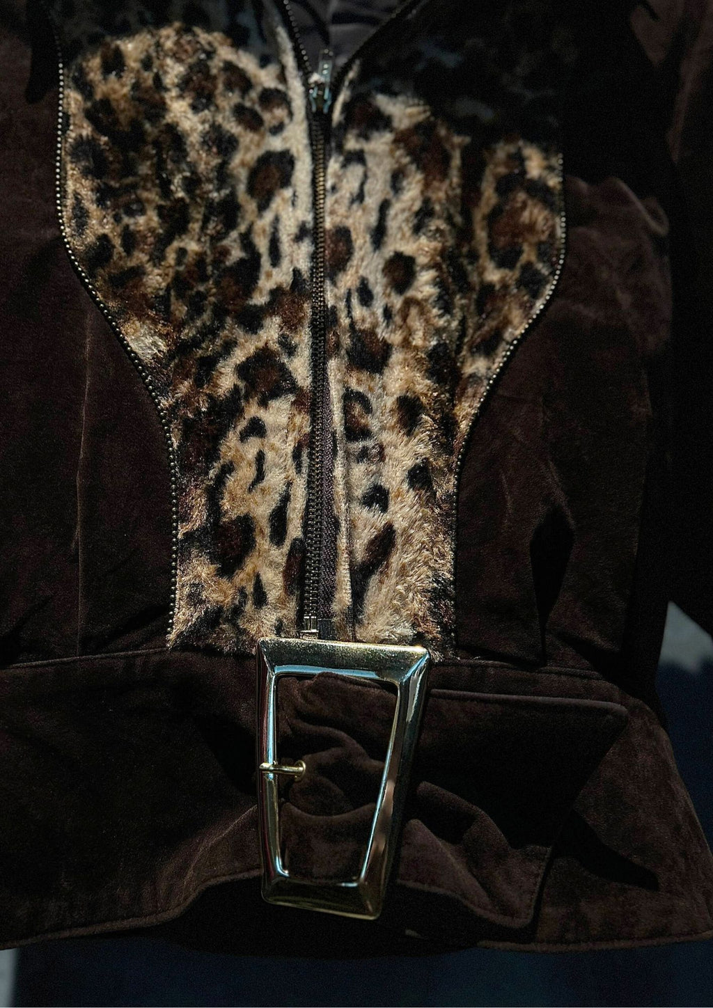 90s Japanese Gyaru Suede Leopard Panel Cropped Biker Jacket