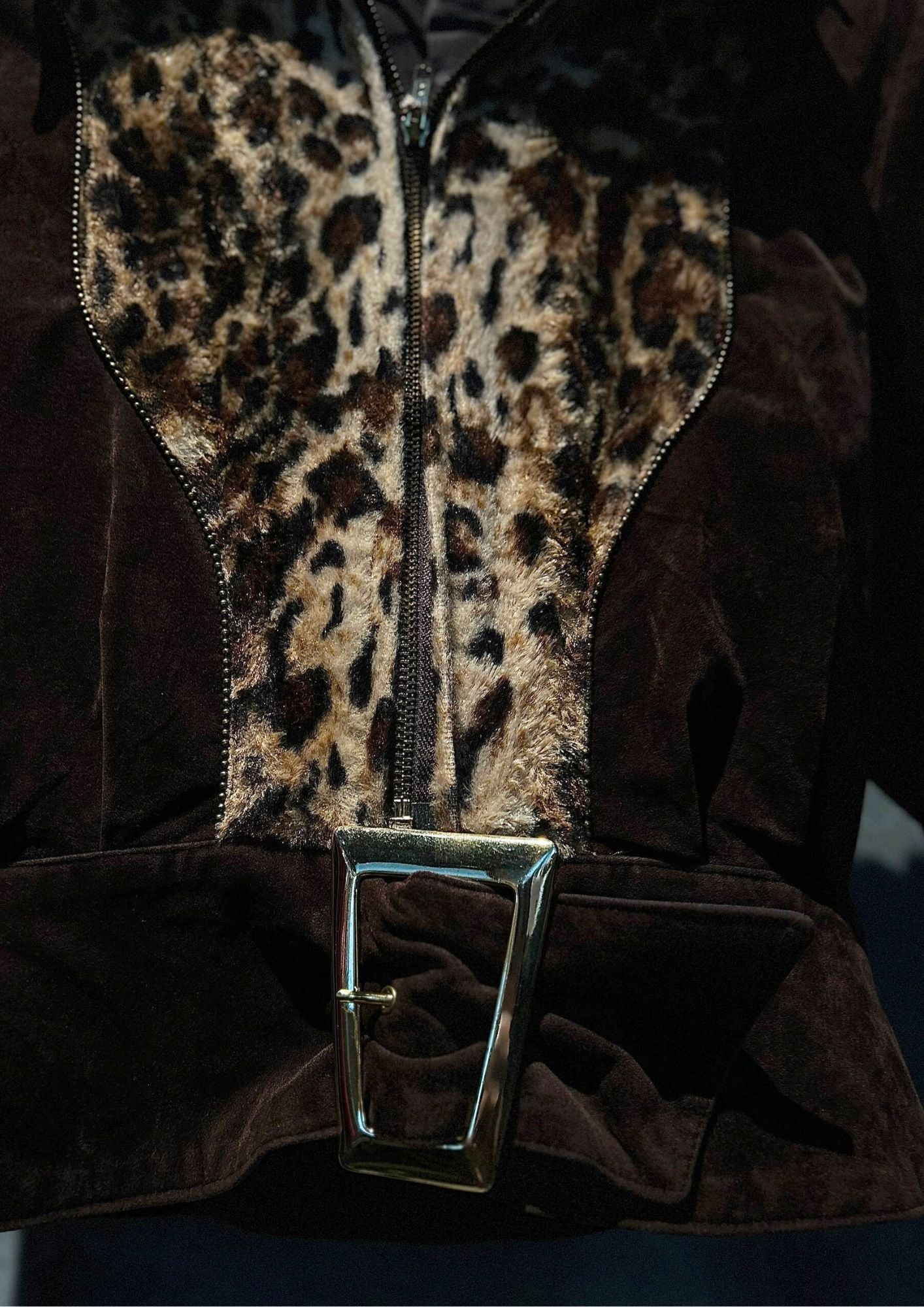 90s Japanese Gyaru Suede Leopard Panel Cropped Biker Jacket