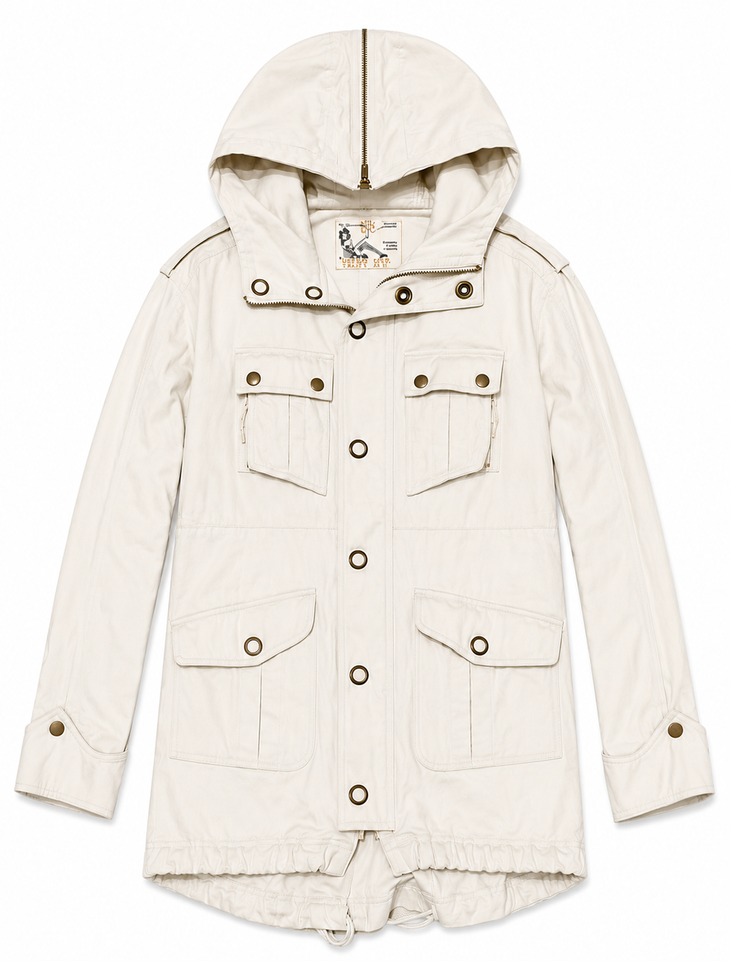 Beige hooded jacket with button details on a white background