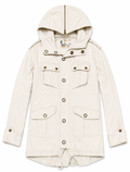 Beige hooded jacket with button details on a white background
