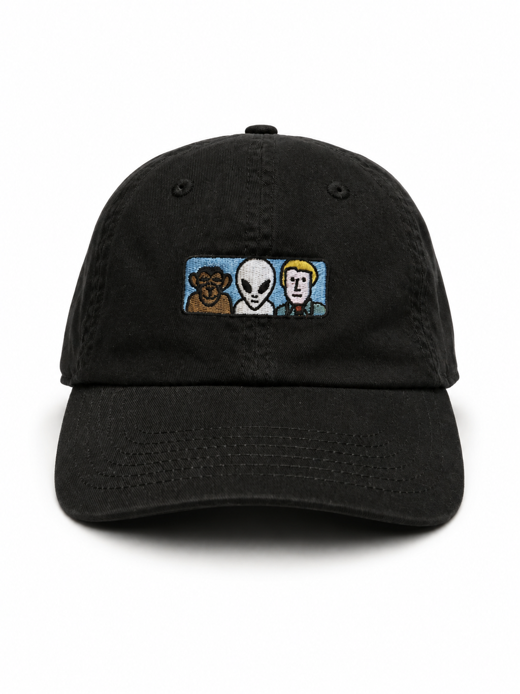 Front view of hat in 100% cotton showing the panel construction and archive detailing