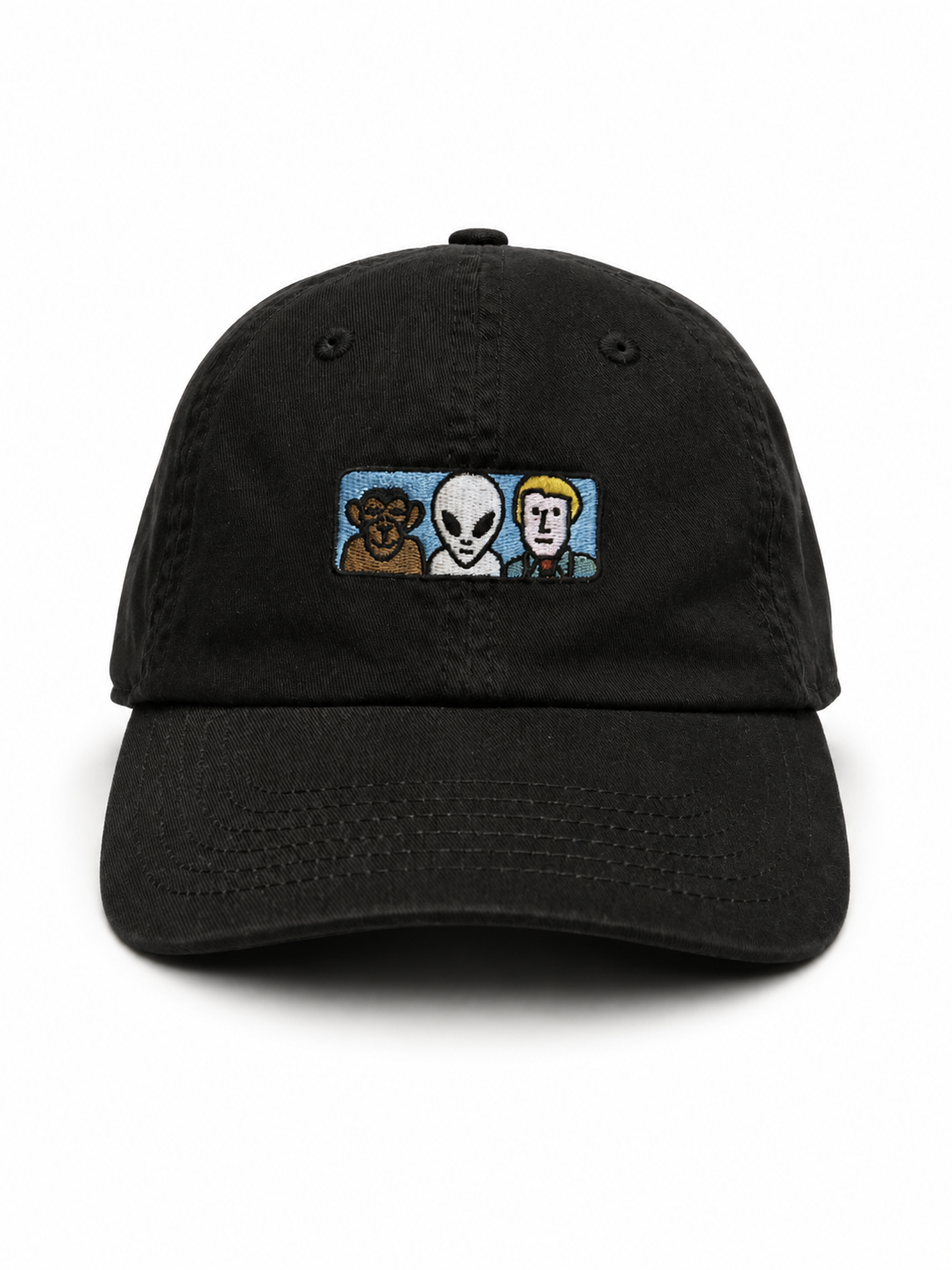 Front view of hat in 100% cotton showing the panel construction and archive detailing