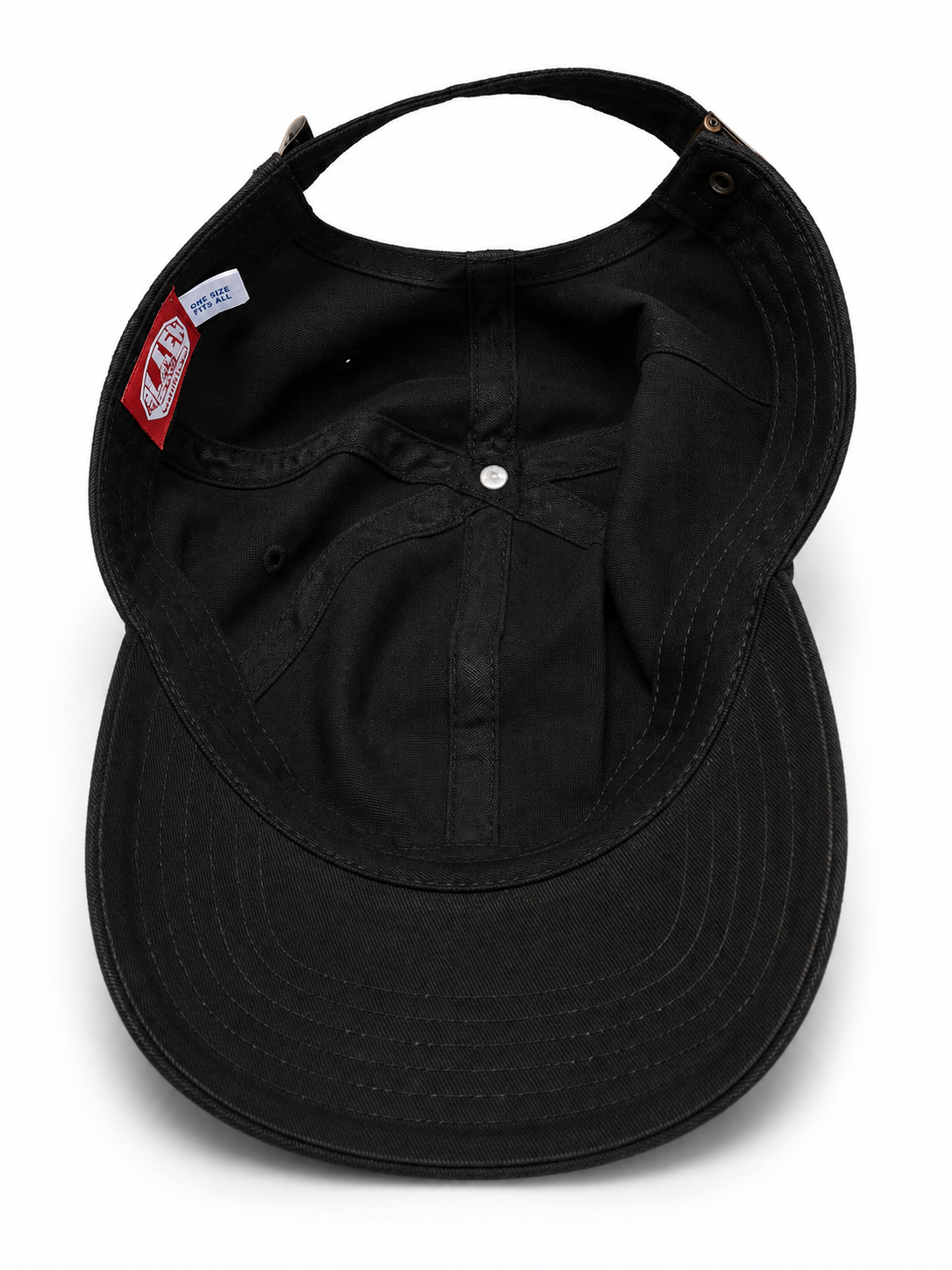 Front view of hat in 100% cotton showing the panel construction and archive detailing