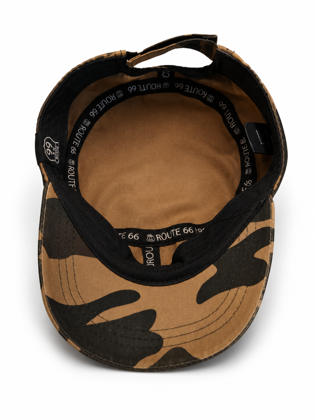 Front view of hat in 100% cotton showing the panel construction and archive detailing