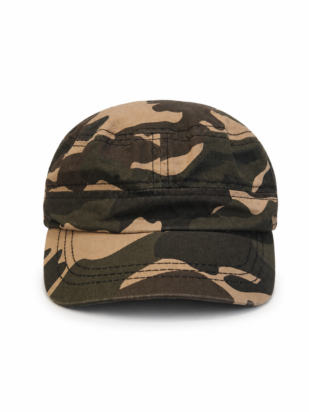 Front view of hat in 100% cotton showing the panel construction and archive detailing