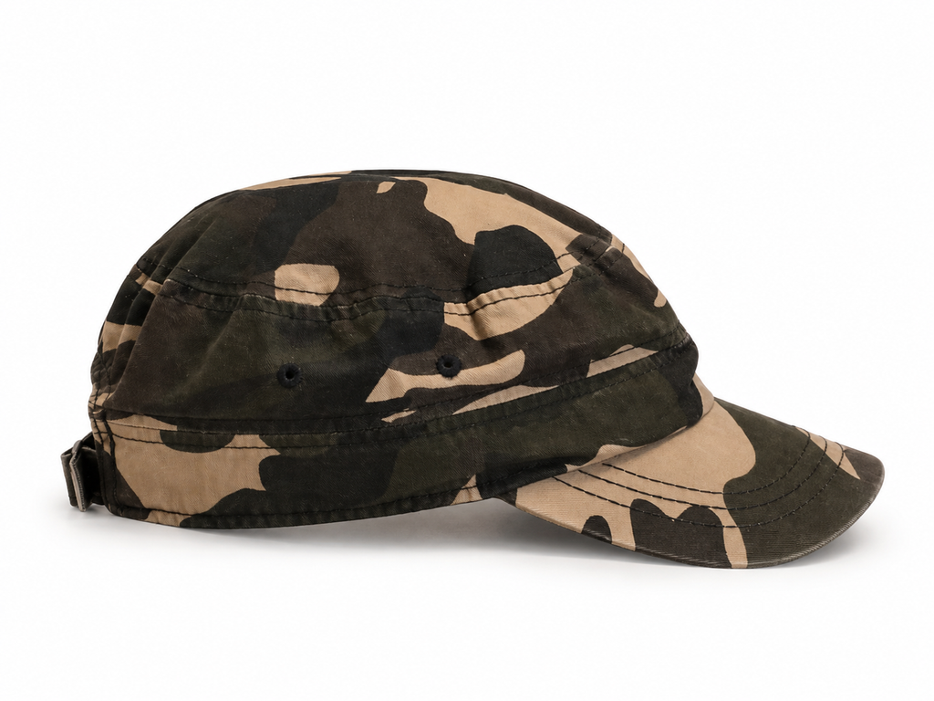 Front view of hat in 100% cotton showing the panel construction and archive detailing