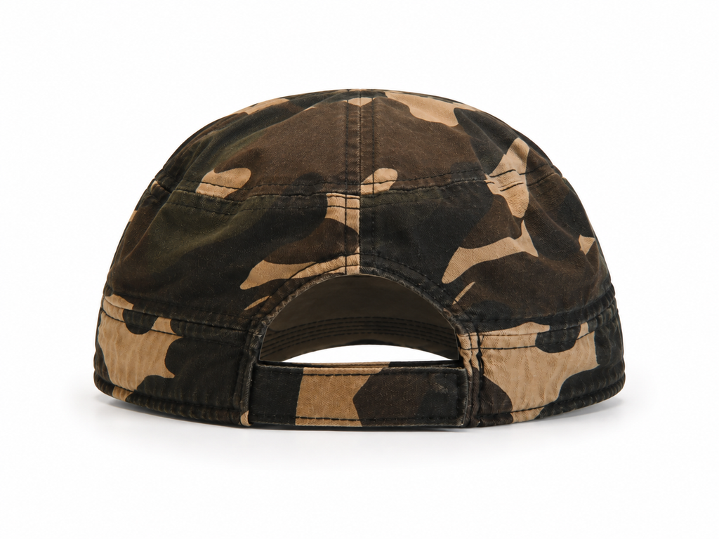 Front view of hat in 100% cotton showing the panel construction and archive detailing