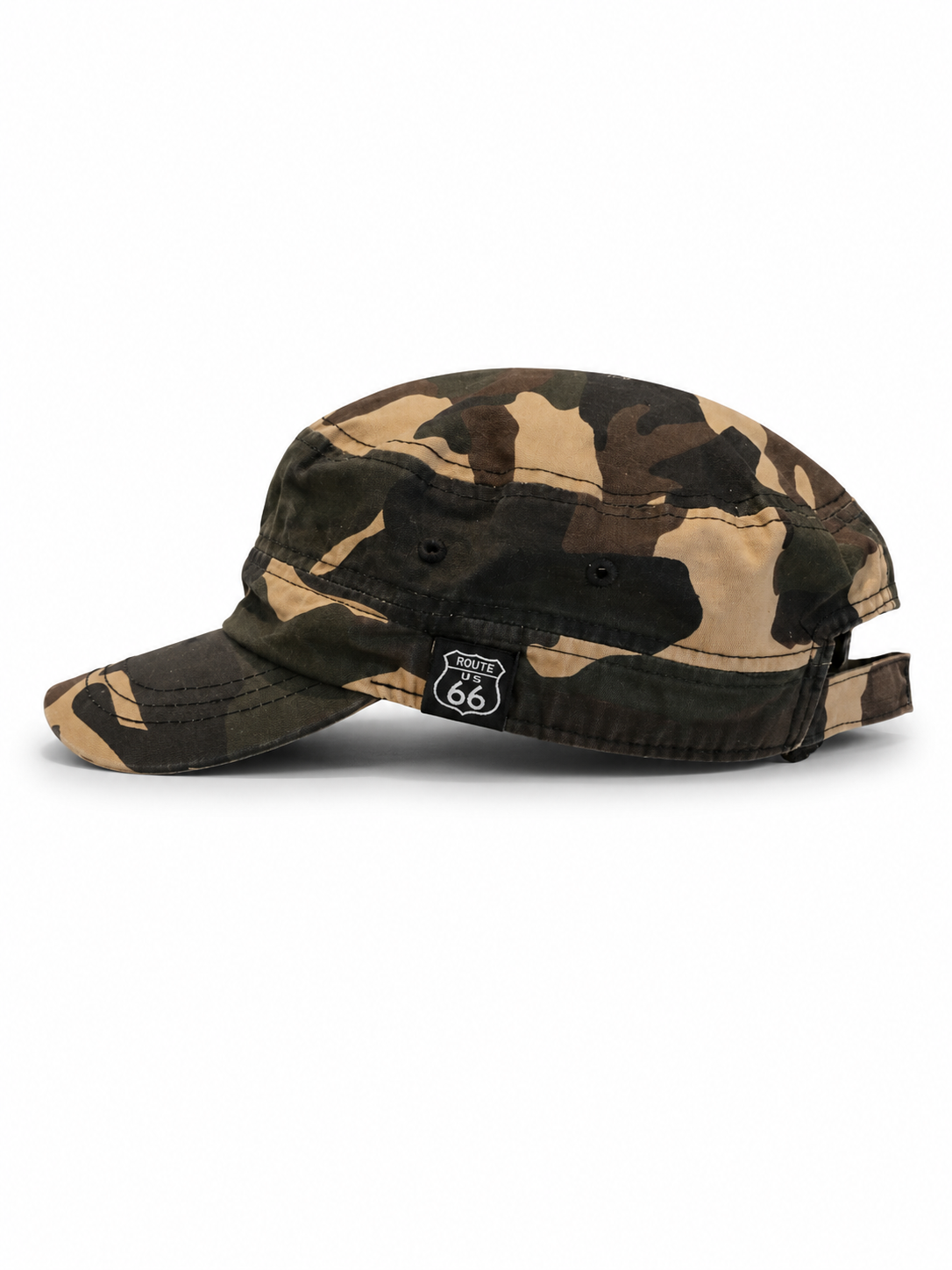 Front view of hat in 100% cotton showing the panel construction and archive detailing