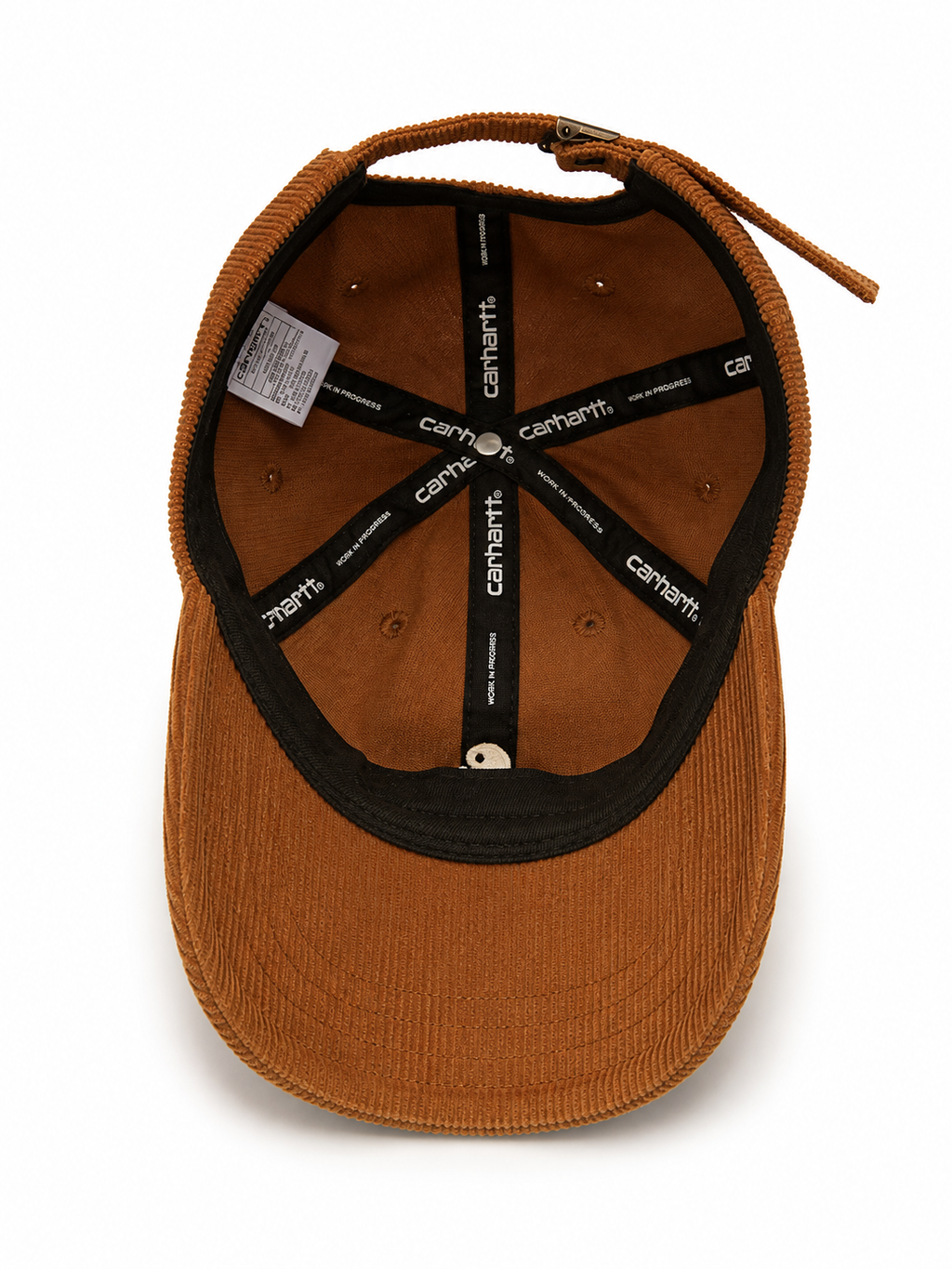 Front view of hat in 100% cotton showing the panel construction and archive detailing