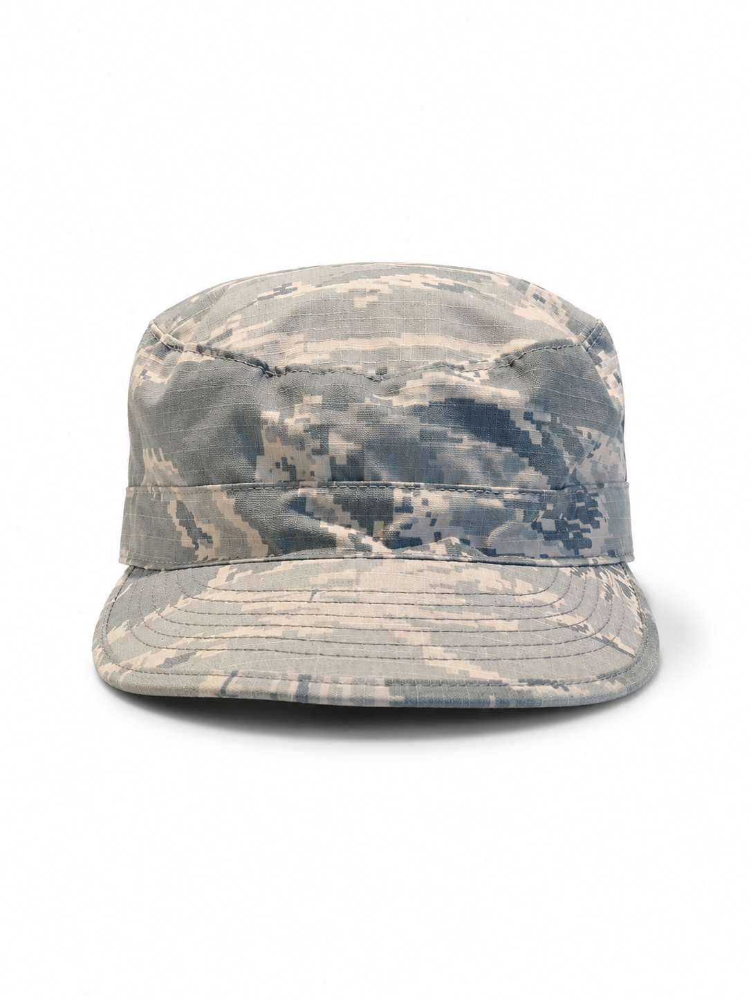 Front view of hat in 50% nylon, 50% cotton showing the panel construction and archive detailing