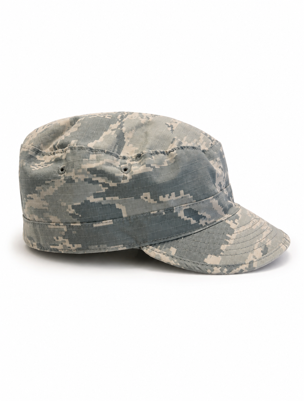 Front view of hat in 50% nylon, 50% cotton showing the panel construction and archive detailing