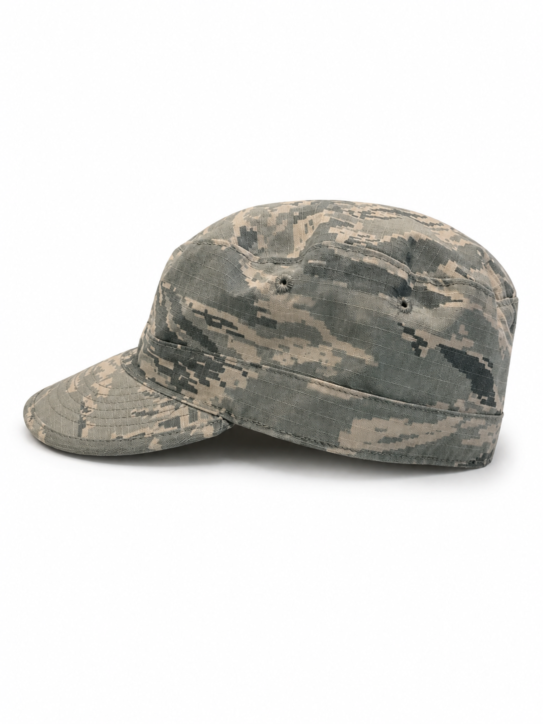 Front view of hat in 50% nylon, 50% cotton showing the panel construction and archive detailing
