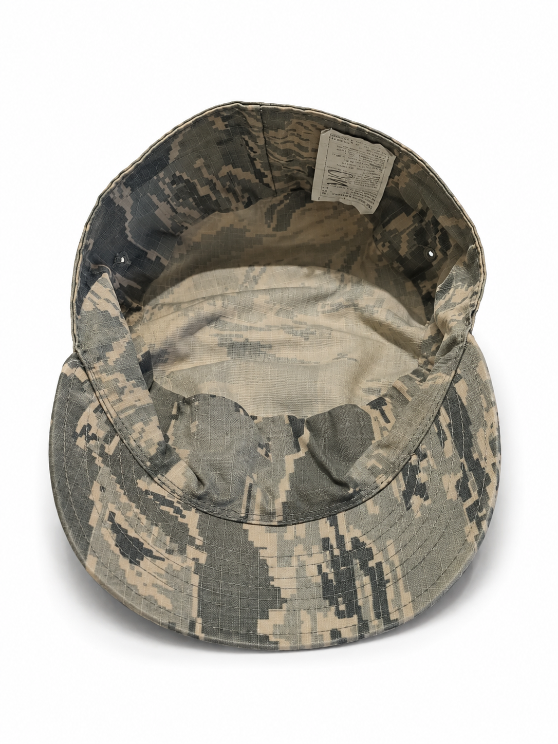 Front view of hat in 50% nylon, 50% cotton showing the panel construction and archive detailing