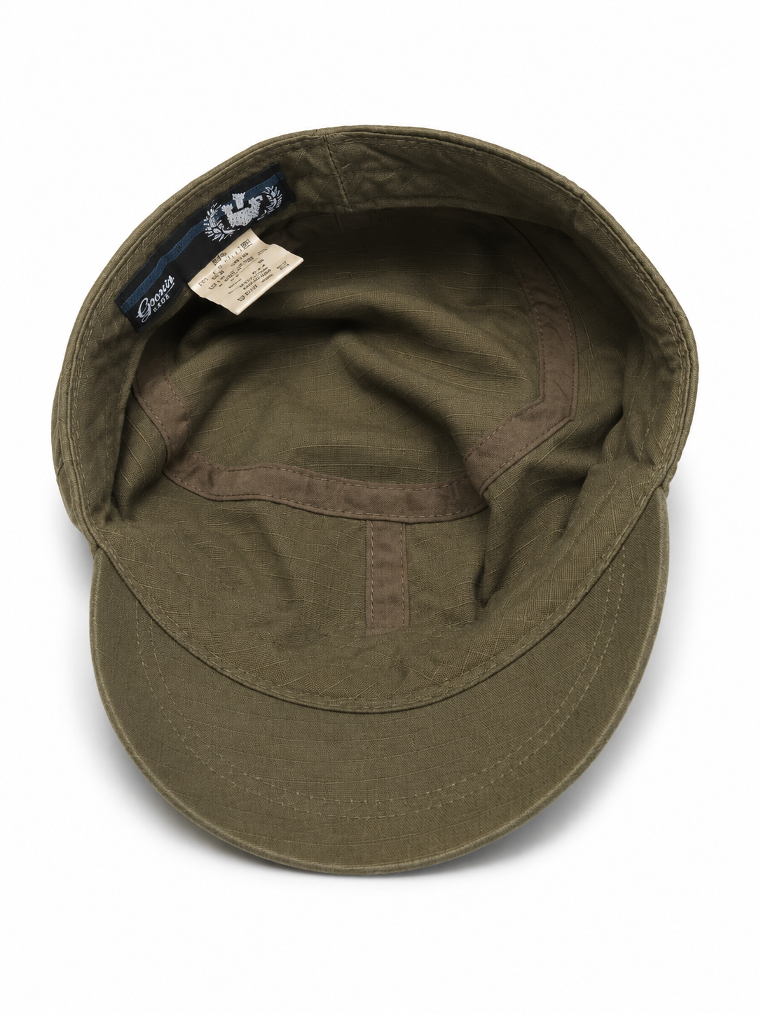 Front view of hat in 100% cotton showing the panel construction and archive detailing