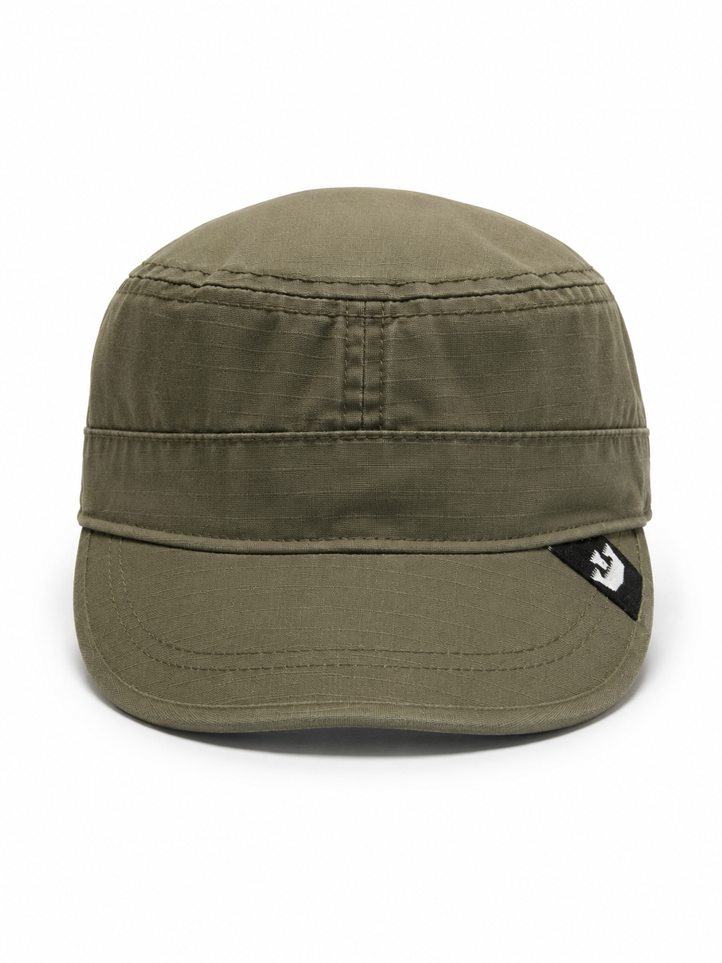 Front view of hat in 100% cotton showing the panel construction and archive detailing