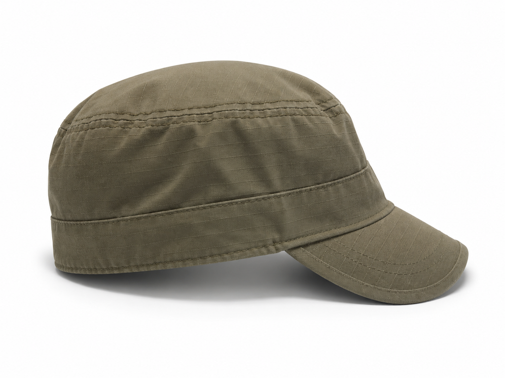 Front view of hat in 100% cotton showing the panel construction and archive detailing