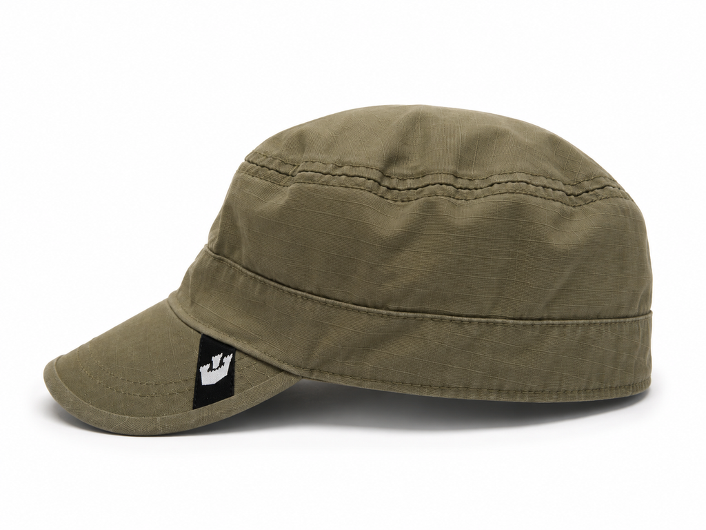 Front view of hat in 100% cotton showing the panel construction and archive detailing