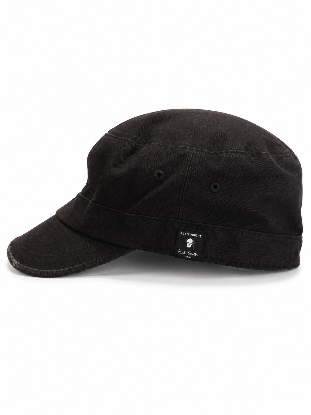 Front view of hat in 100% cotton showing the panel construction and archive detailing