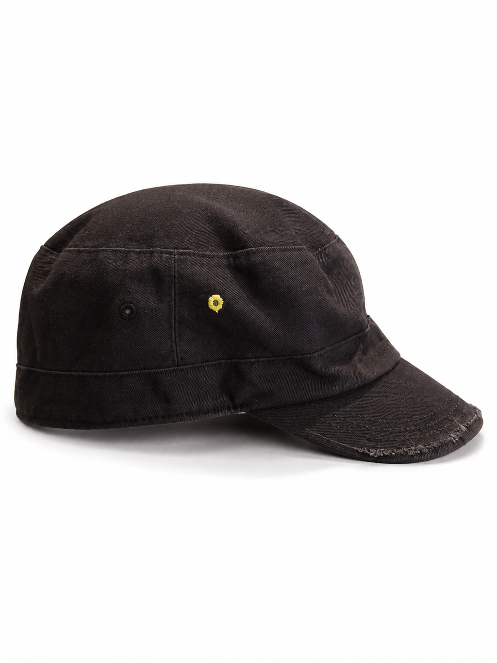 Front view of hat in 100% cotton showing the panel construction and archive detailing