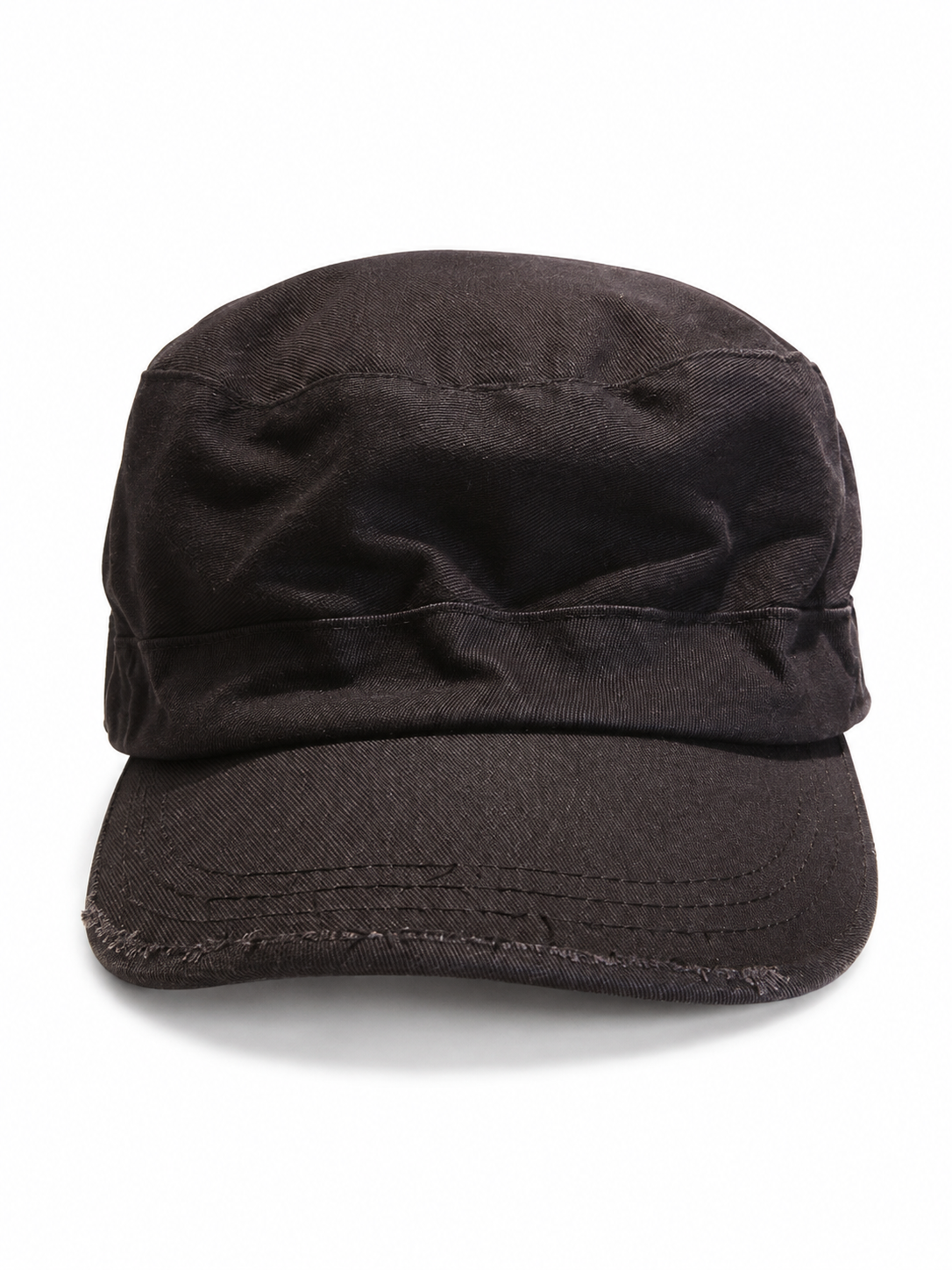 Front view of hat in 100% cotton showing the panel construction and archive detailing