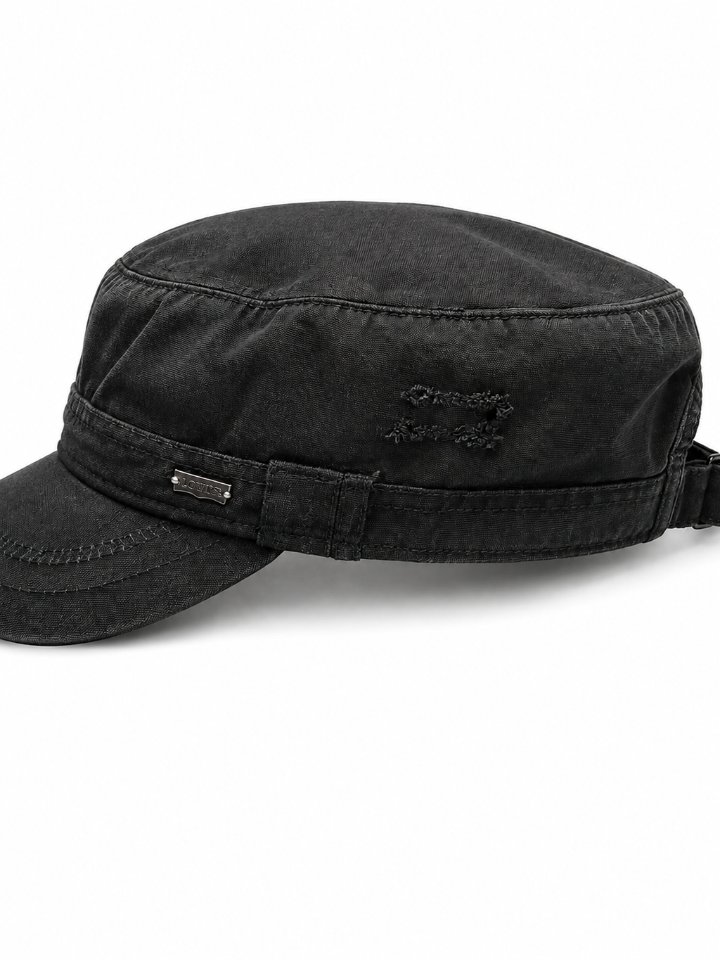 Front view of hat in 100% cotton showing the panel construction and archive detailing