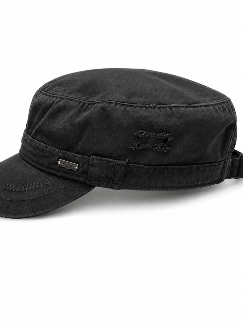 Front view of hat in 100% cotton showing the panel construction and archive detailing