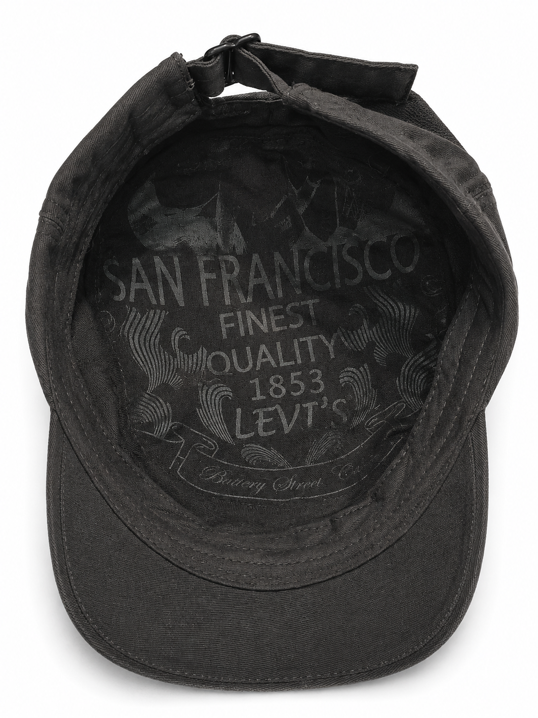 Front view of hat in 100% cotton showing the panel construction and archive detailing