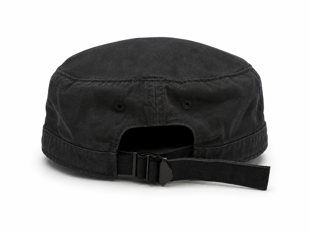 Front view of hat in 100% cotton showing the panel construction and archive detailing