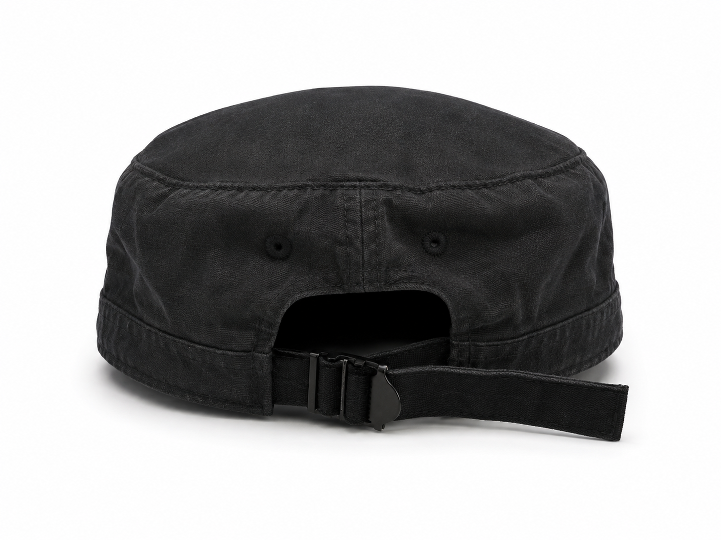 Front view of hat in 100% cotton showing the panel construction and archive detailing