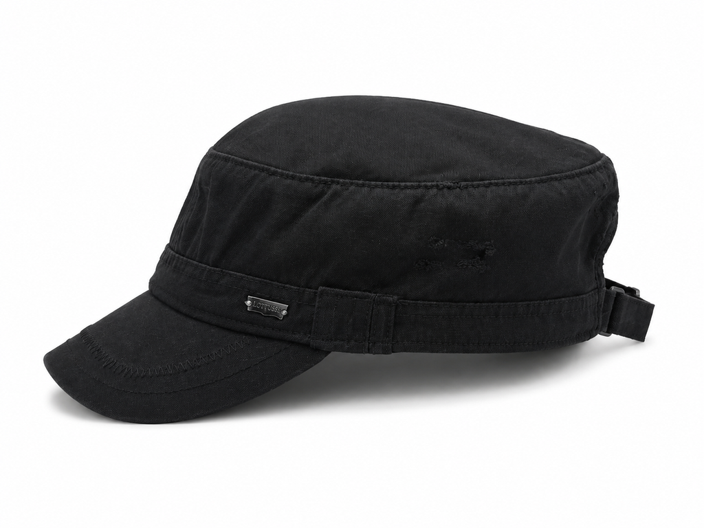 Front view of hat in 100% cotton showing the panel construction and archive detailing